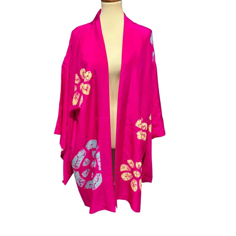 VTG Japanese Magenta Pink Silk Haori Kimono Jacket Shibori Floral, One Size - Picture 3 of 9